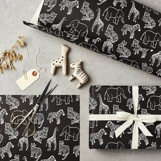 10 Sheet of Multi Animal Gift Wrapping Paper in Black