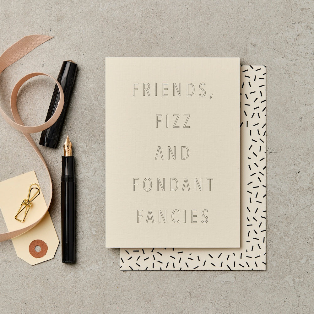 Friends, Fizz & Fondant Fancies Card – love and friendship card – Katie Leamon