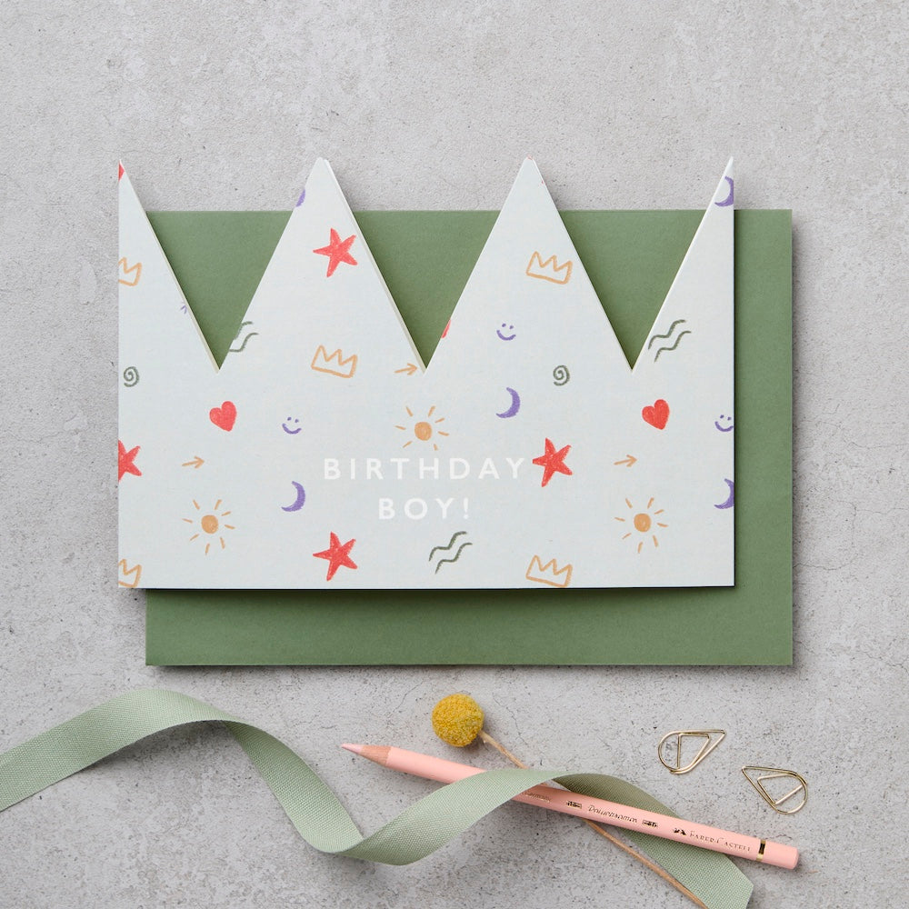 Patterned Paper Crown Birthday Card - "Birthday Boy!"