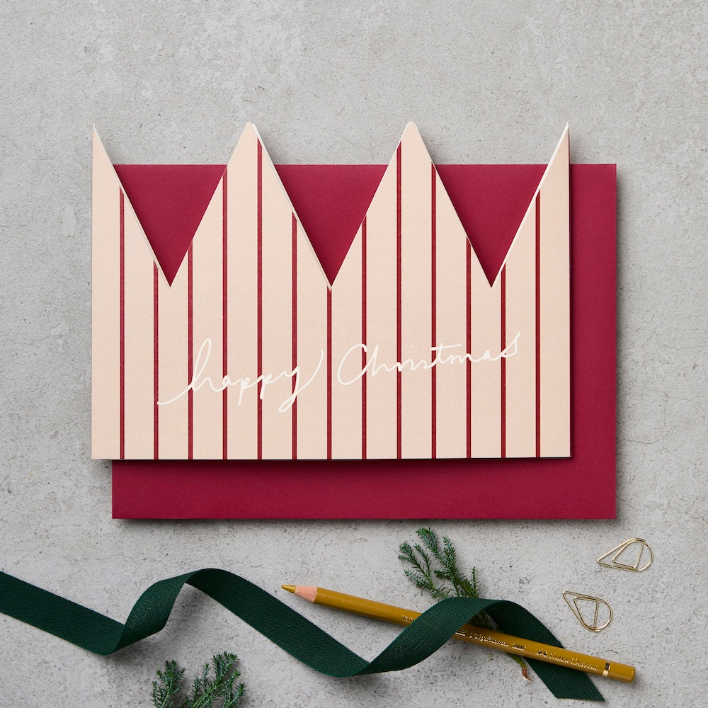 Red stripe paper crown Christmas card flat with envelope - luxury christmas card - Katie Leamon