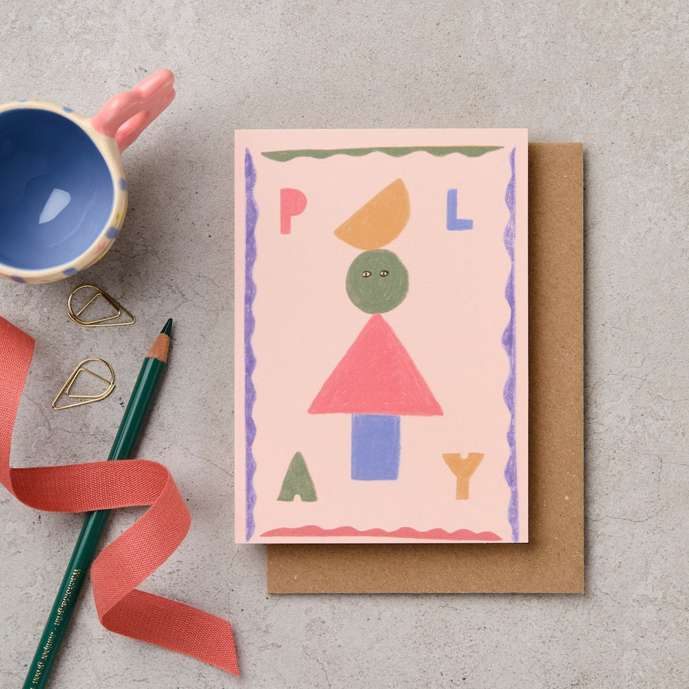PLAY illustrated greeting card with geometric character design in pink - kids card - Katie Leamon