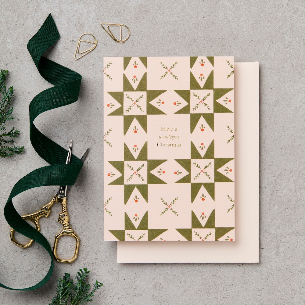 Pack of 6 Quilt Green Have A Wonderful Christmas Cards