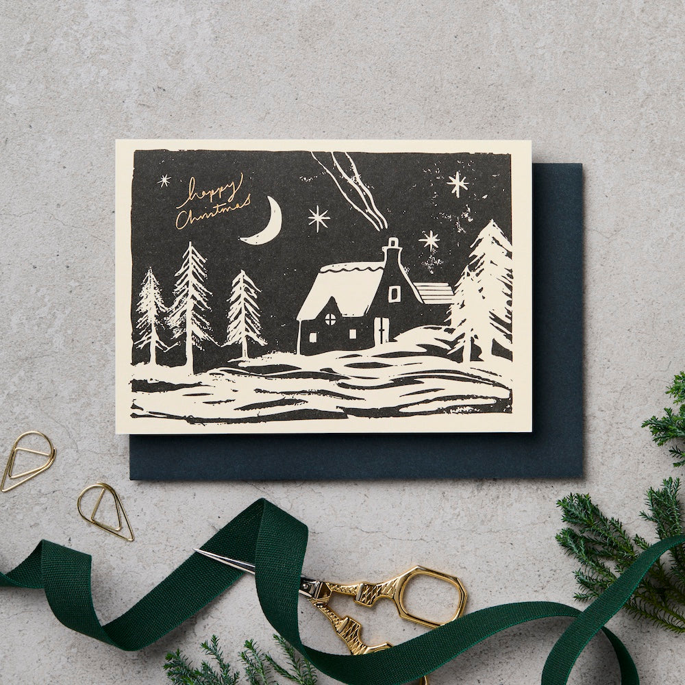 Lino Cut Happy Christmas Card