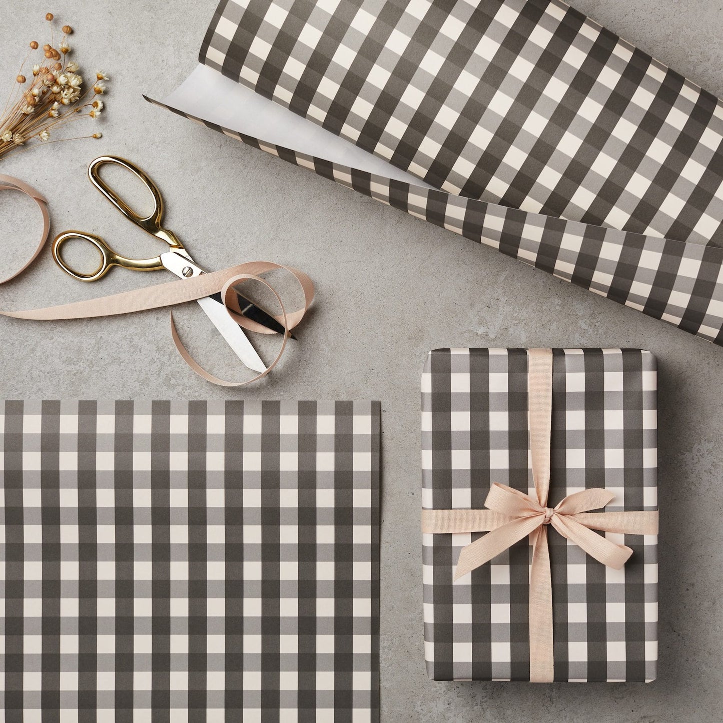 10 Sheets of Black & Cream Gingham Gift Wrapping Paper