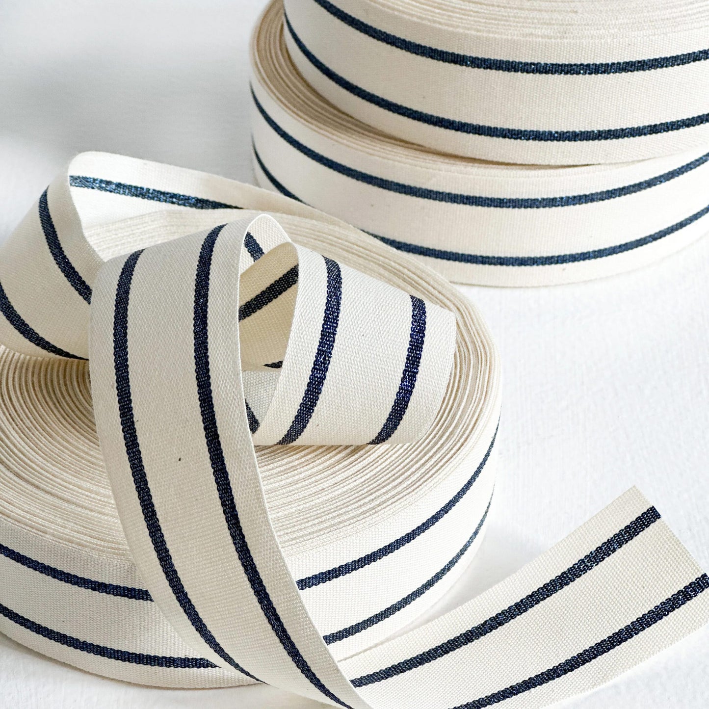 Navy Metallic & Ivory Wide Cotton Ribbon