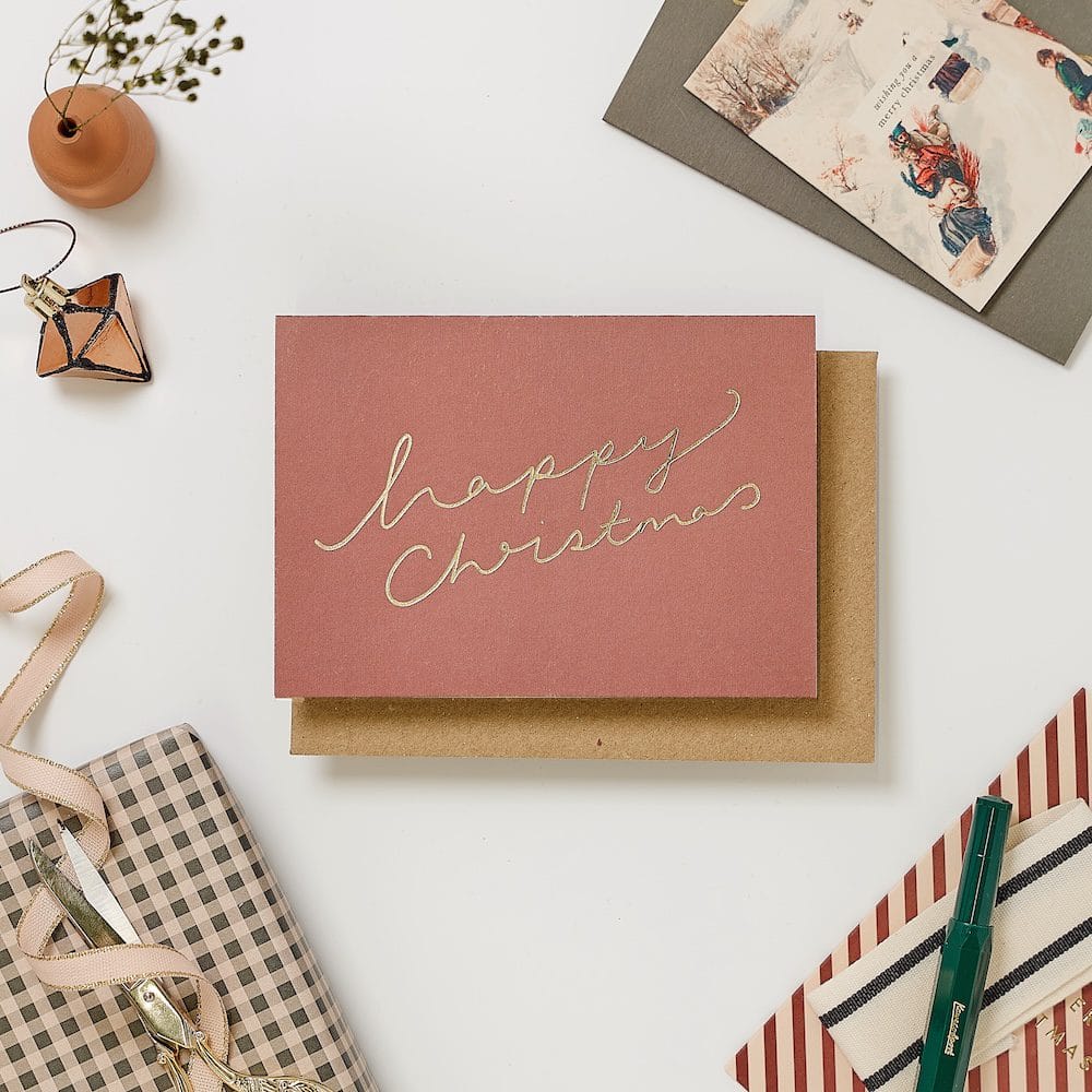 Burgundy Happy Christmas Scroll Card – christmas card – Katie Leamon