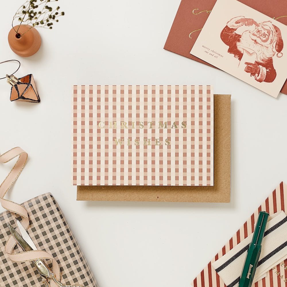 Box Set of 8 Rose Gingham 'Christmas Wishes' Cards