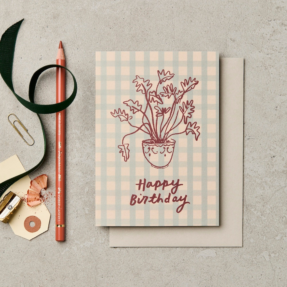 Gingham Plant Birthday Card – luxury birthday card – Katie Leamon