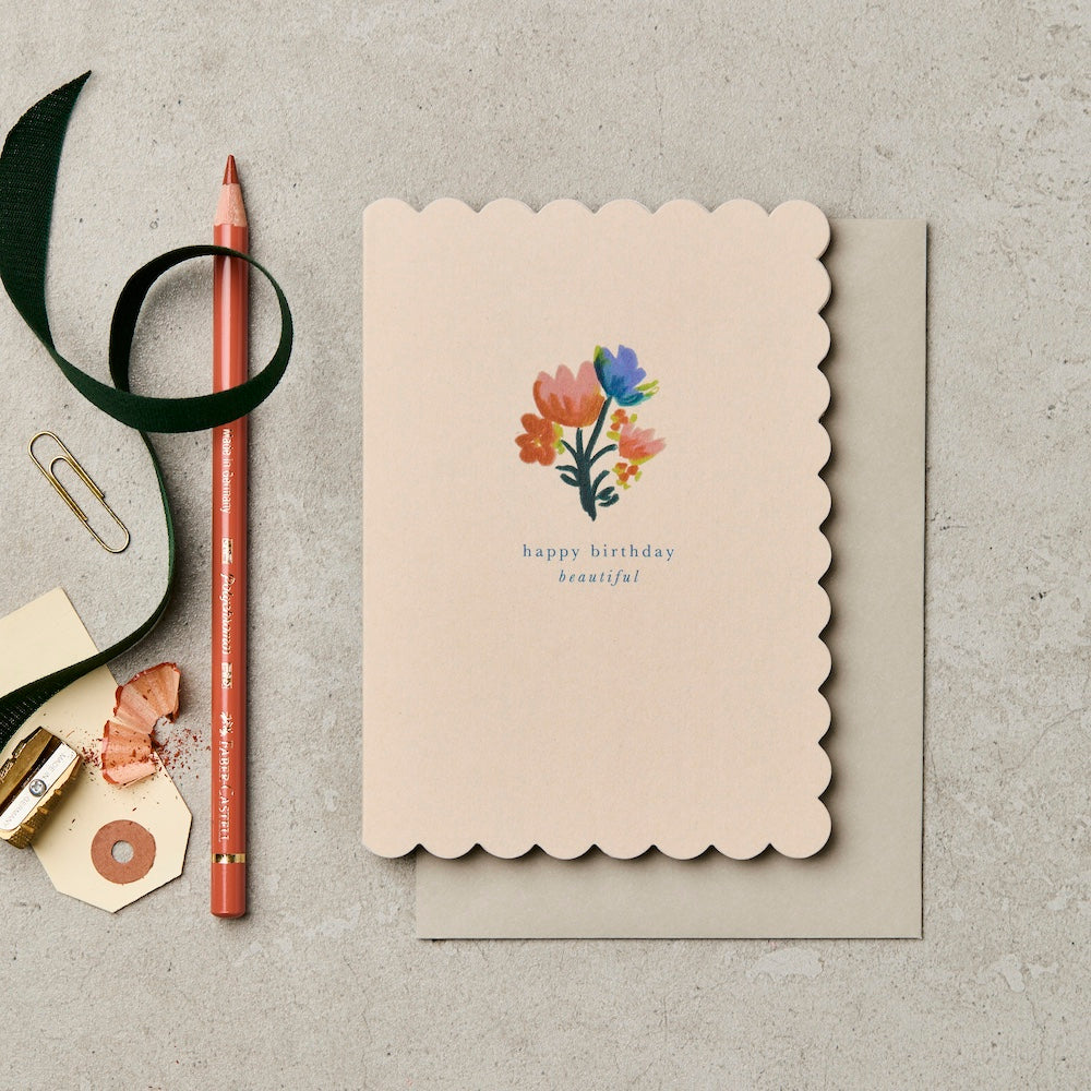 Happy Birthday Beautiful Floral Scallop Card – luxury birthday card – Katie Leamon