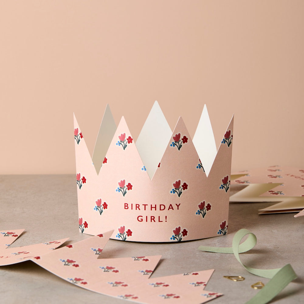 Floral Birthday Girl paper crown card worn as a crown - luxury birthday card - Katie Leamon