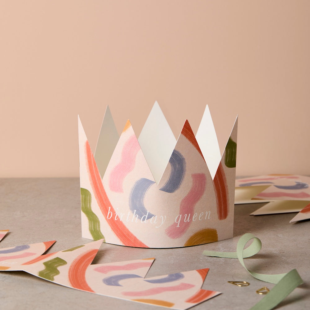 Brushstroke Birthday Queen paper crown card worn as a crown - luxury birthday card - Katie Leamon