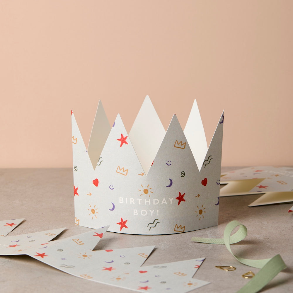 Patterned Birthday Boy paper crown card worn as a crown - luxury birthday card - Katie Leamon