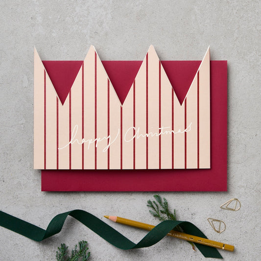 Red stripe paper crown Christmas card flat with envelope - luxury christmas card - Katie Leamon