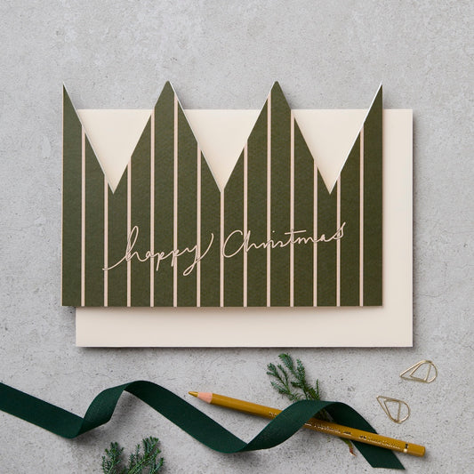 Green stripe paper crown Christmas card flat with envelope - luxury christmas card - Katie Leamon