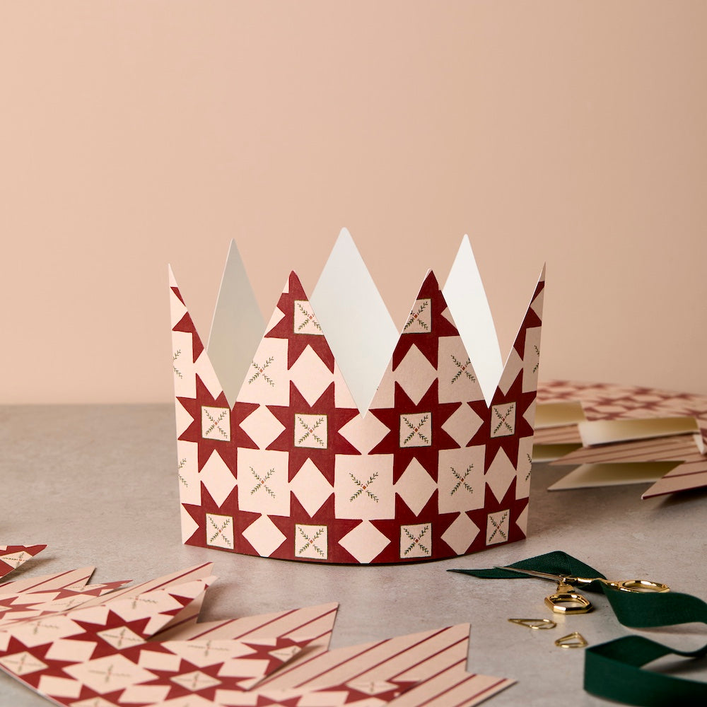 Pack of 6 Red Quilt & Stripe Christmas Crowns