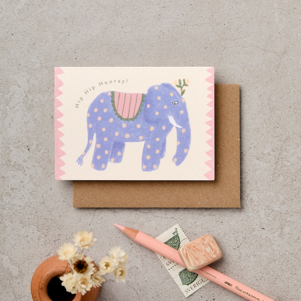 Mini illustrated elephant greeting card with scallop edge on sage green - kids card - Katie Leamon