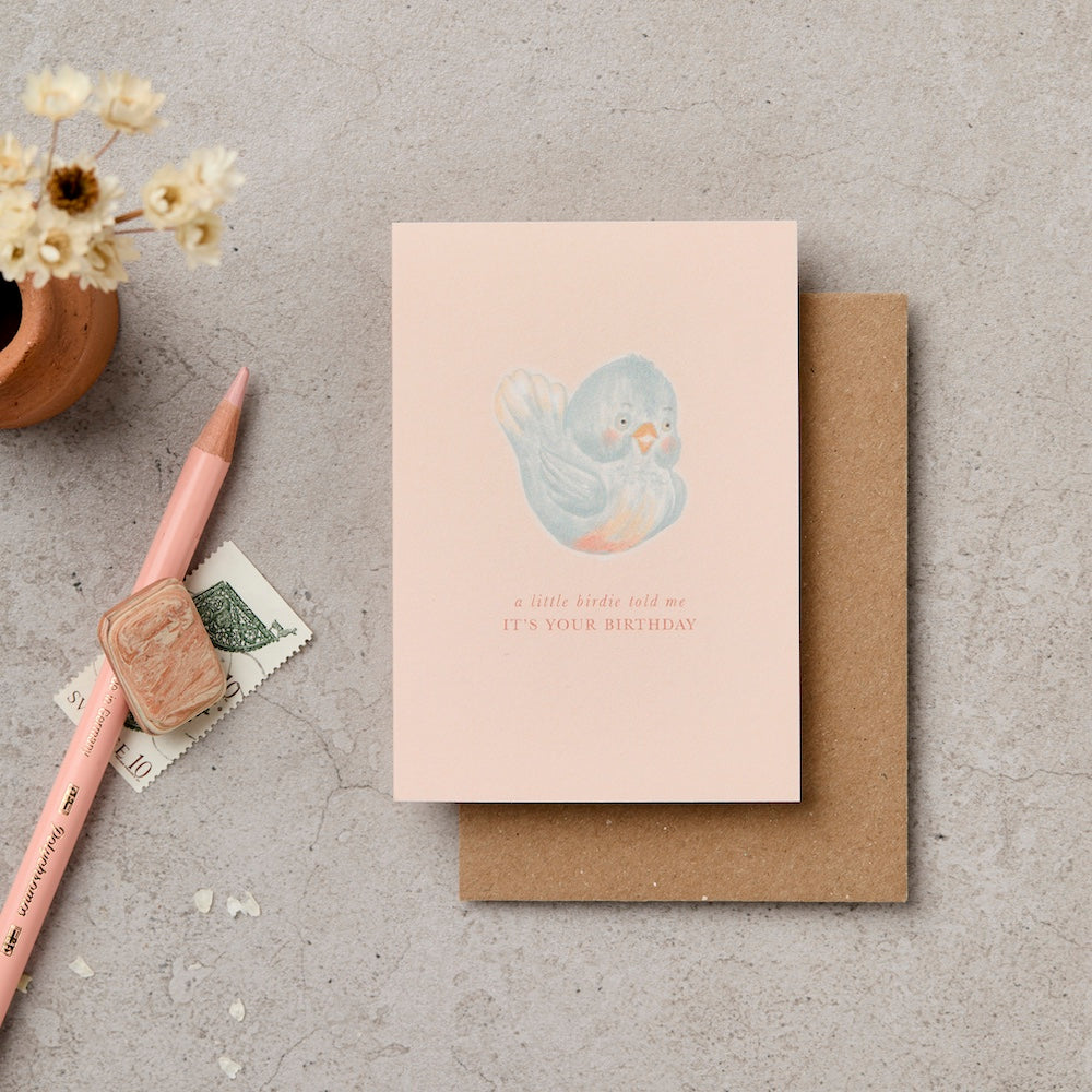 Mini illustrated birdie greeting card in blush pink - kids birthday card - Katie Leamon