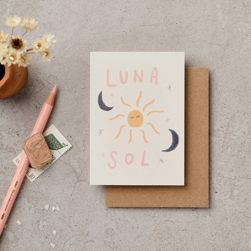 Mini Luna Sol sun and moon illustrated greeting card - kids card - Katie Leamon