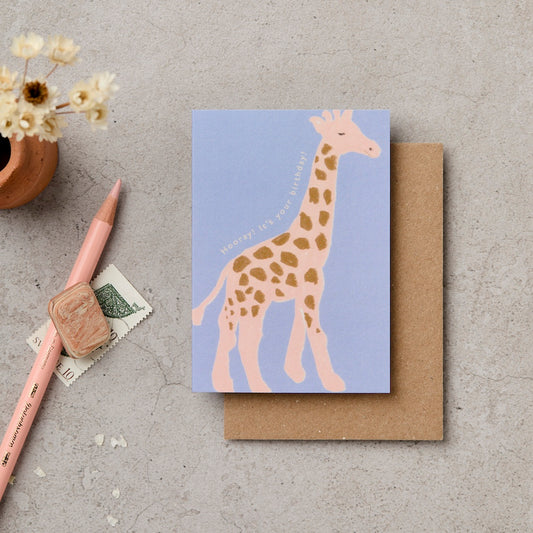Mini giraffe illustrated birthday card on periwinkle blue - kids birthday card - Katie Leamon