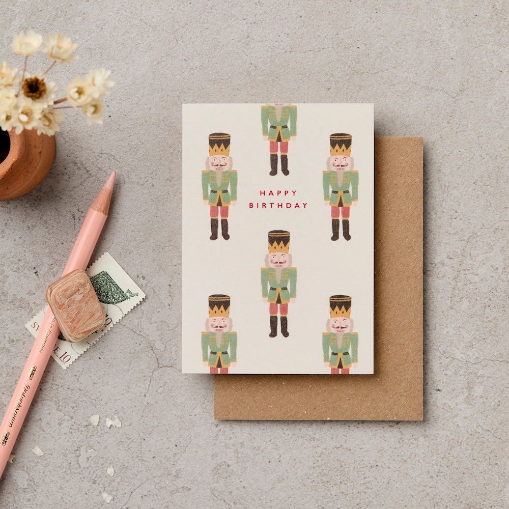 Mini nutcracker soldiers illustrated birthday card on cream - kids birthday card - Katie Leamon