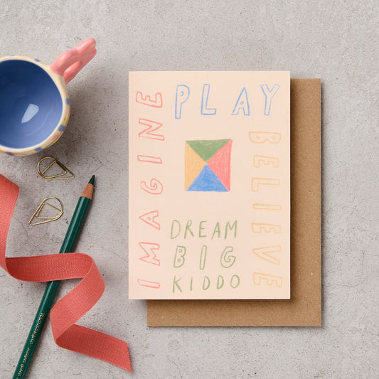 Imagine Play Believe Dream Big Kiddo illustrated greeting card - kids card - Katie Leamon