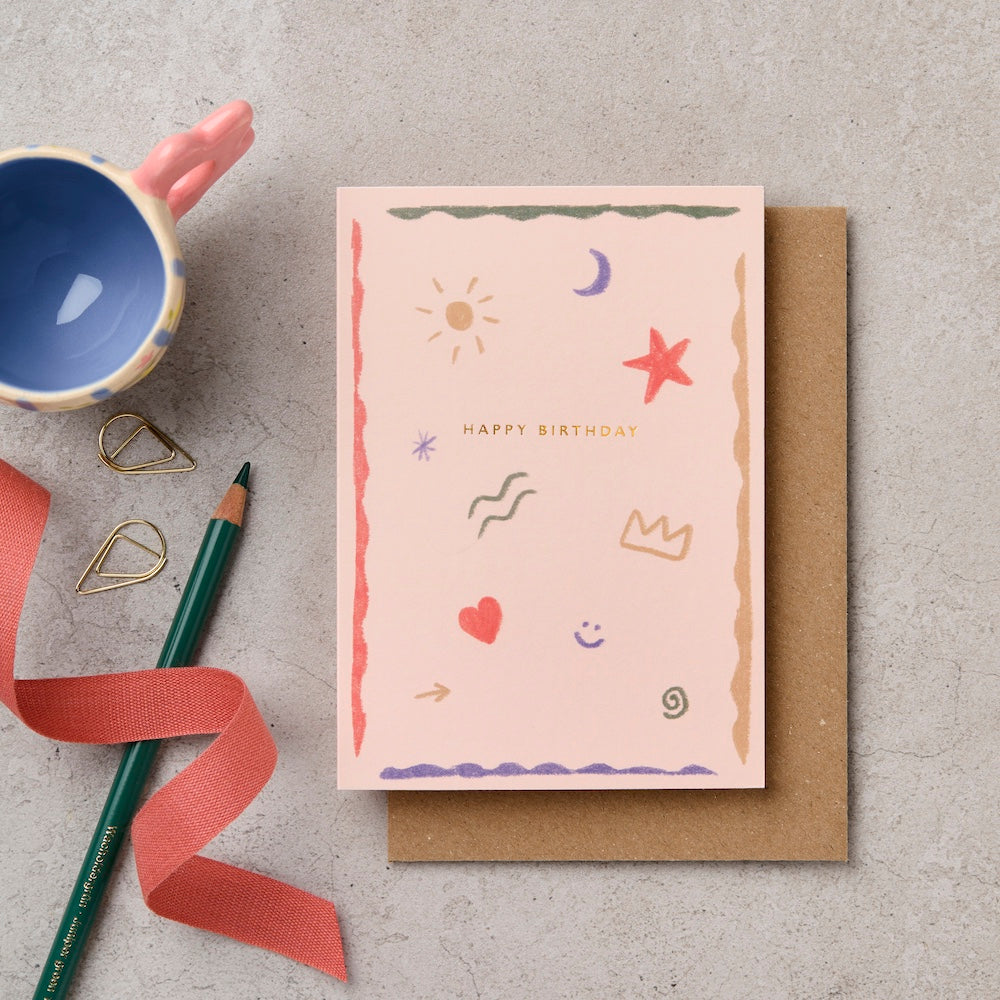 Happy Birthday doodle card with gold foil detail in blush pink - luxury birthday card - Katie Leamon