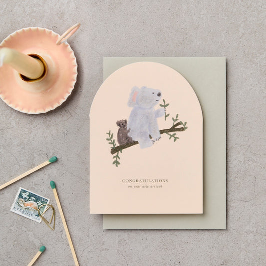 Arch Koala new baby congratulations card with die cut arch and sage envelope - new baby card - Katie Leamon
