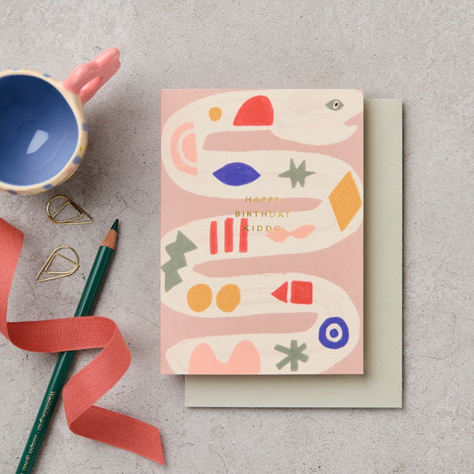 Happy Birthday Kiddo illustrated snake card with gold foil - kids birthday card - Katie Leamon
