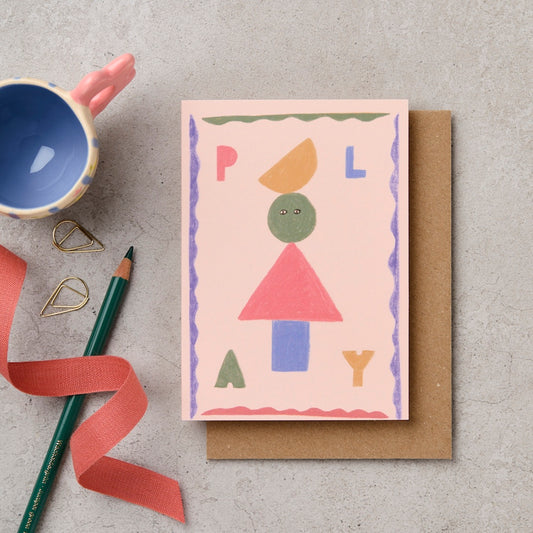 PLAY illustrated greeting card with geometric character design in pink - kids card - Katie Leamon