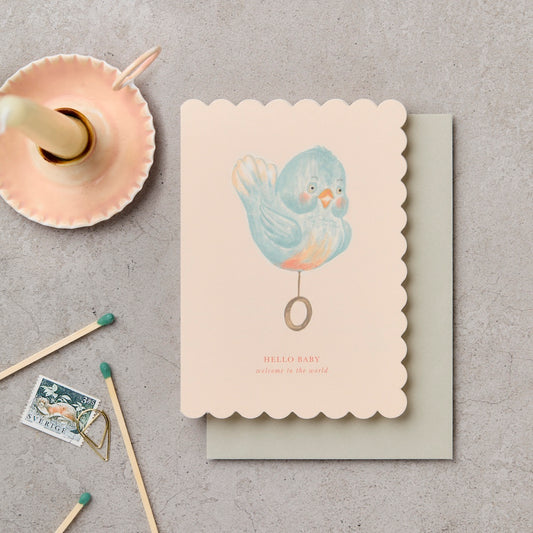 Birdie Hello Baby new baby card with scallop edge on blush pink with sage envelope - new baby card - Katie Leamon