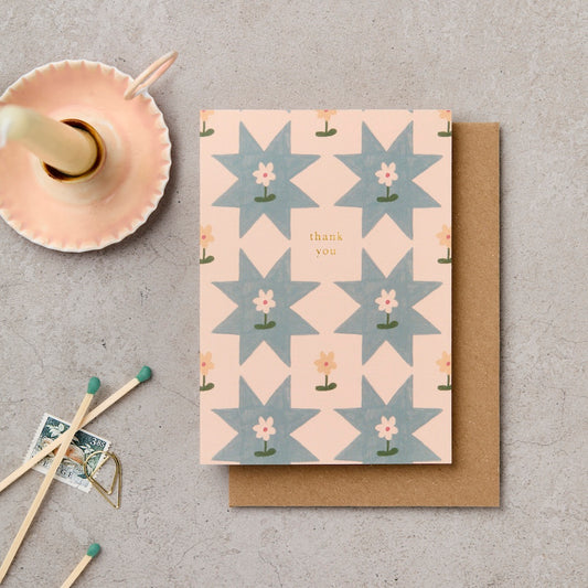 Thank You Quilt card with star and daisy pattern and gold foil lettering on blush pink - luxury thank you card - Katie Leamon