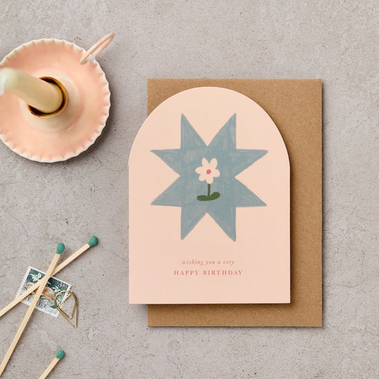 Quilt Arch Birthday card with star and daisy quilt illustration and die cut arch on blush pink - luxury birthday card - Katie Leamon