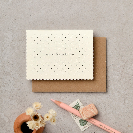 New Bambino mini scallop edge baby card on cream linen finish - new baby card - Katie Leamon