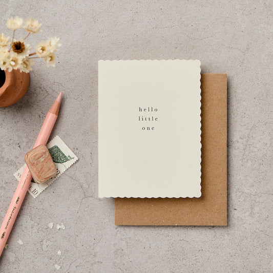 Hello Little One mini scallop edge baby card on cream linen finish - new baby card - Katie Leamon
