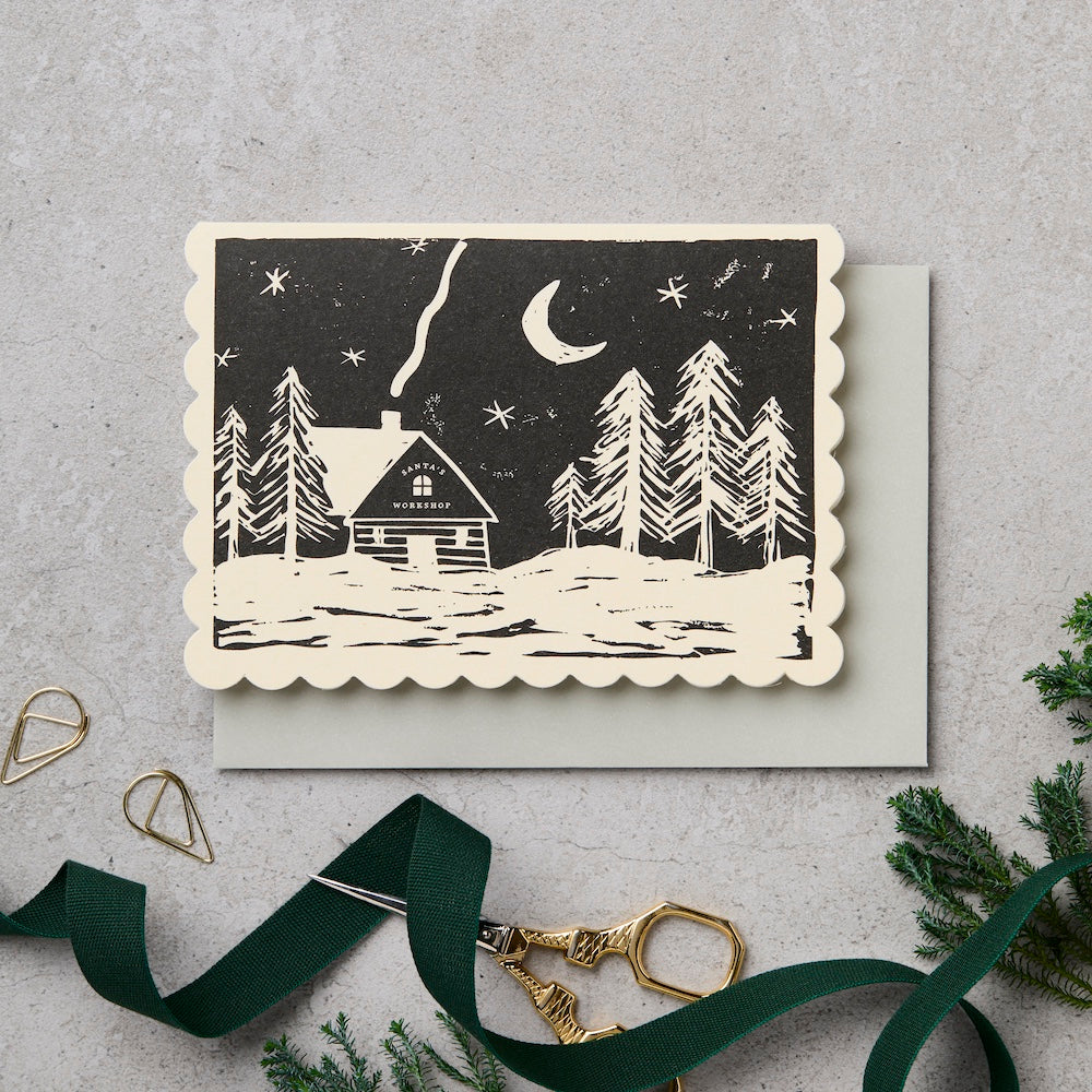 Pack of 6 Lino Cut Santa's Workshop Christmas Cards