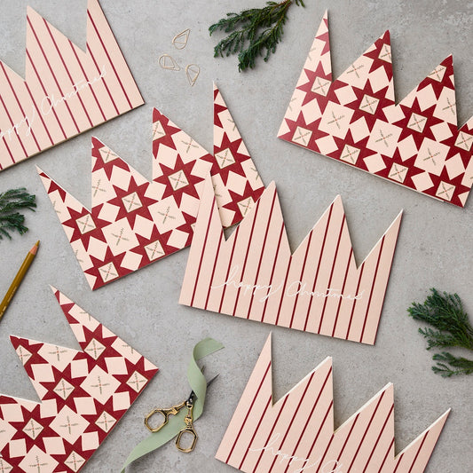 Pack of 6 Red Quilt & Stripe Christmas Crowns