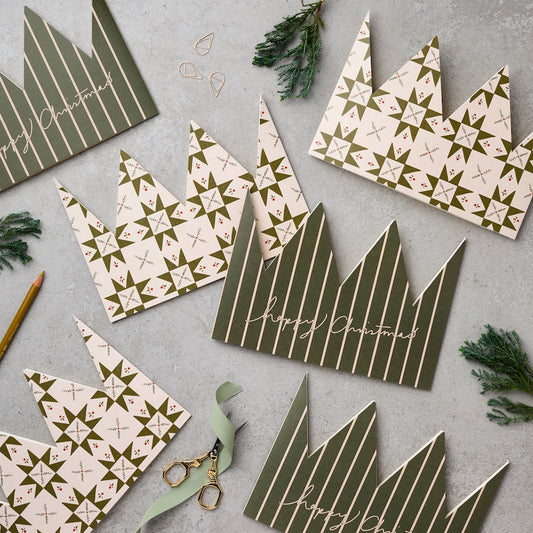 Pack of 6 Green Quilt & Stripe Christmas Crowns