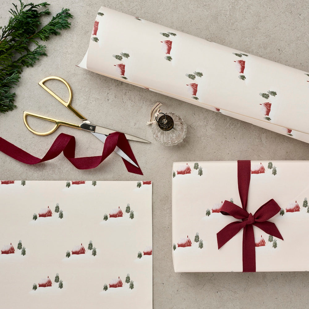 Katie Leamon Red Cabin Barn Christmas wrapping paper
