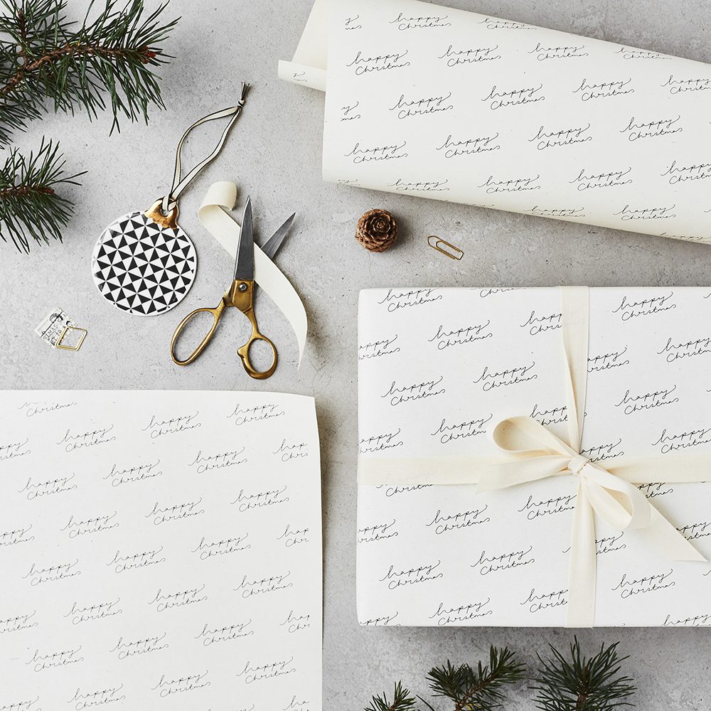 Katie Leamon White Happy Christmas Wrapping Paper