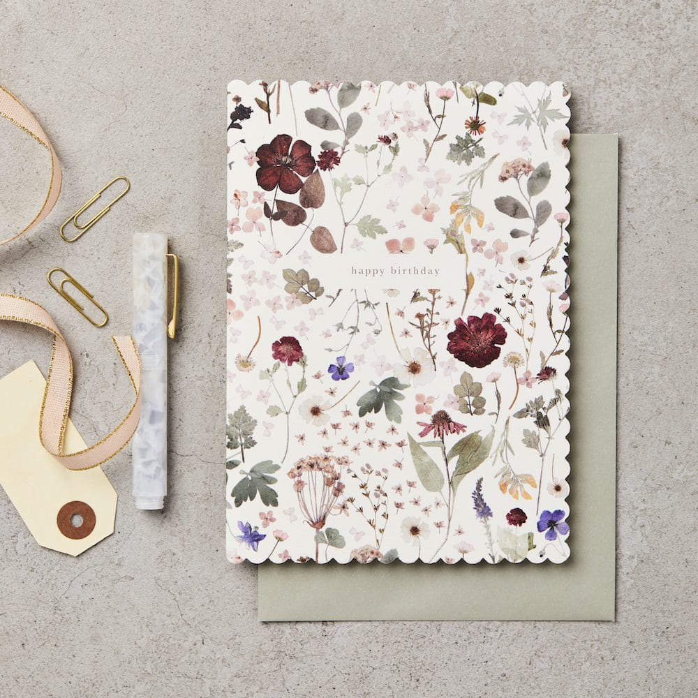 Pressed Floral Scallop Happy Birthday Card – luxury birthday card – Katie Leamon