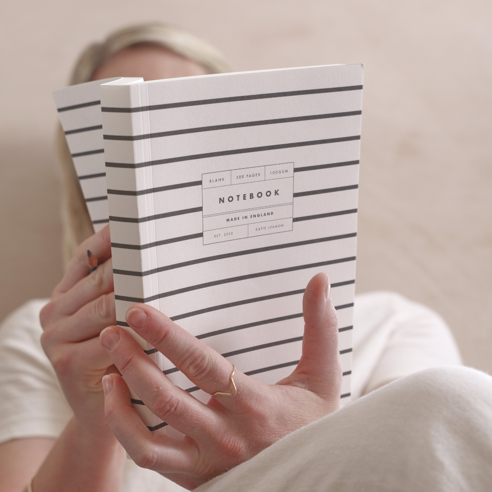 Vol 21: Black & White Stripe Lay Flat Notebook – A5 blank lay-flat notebook – Katie Leamon