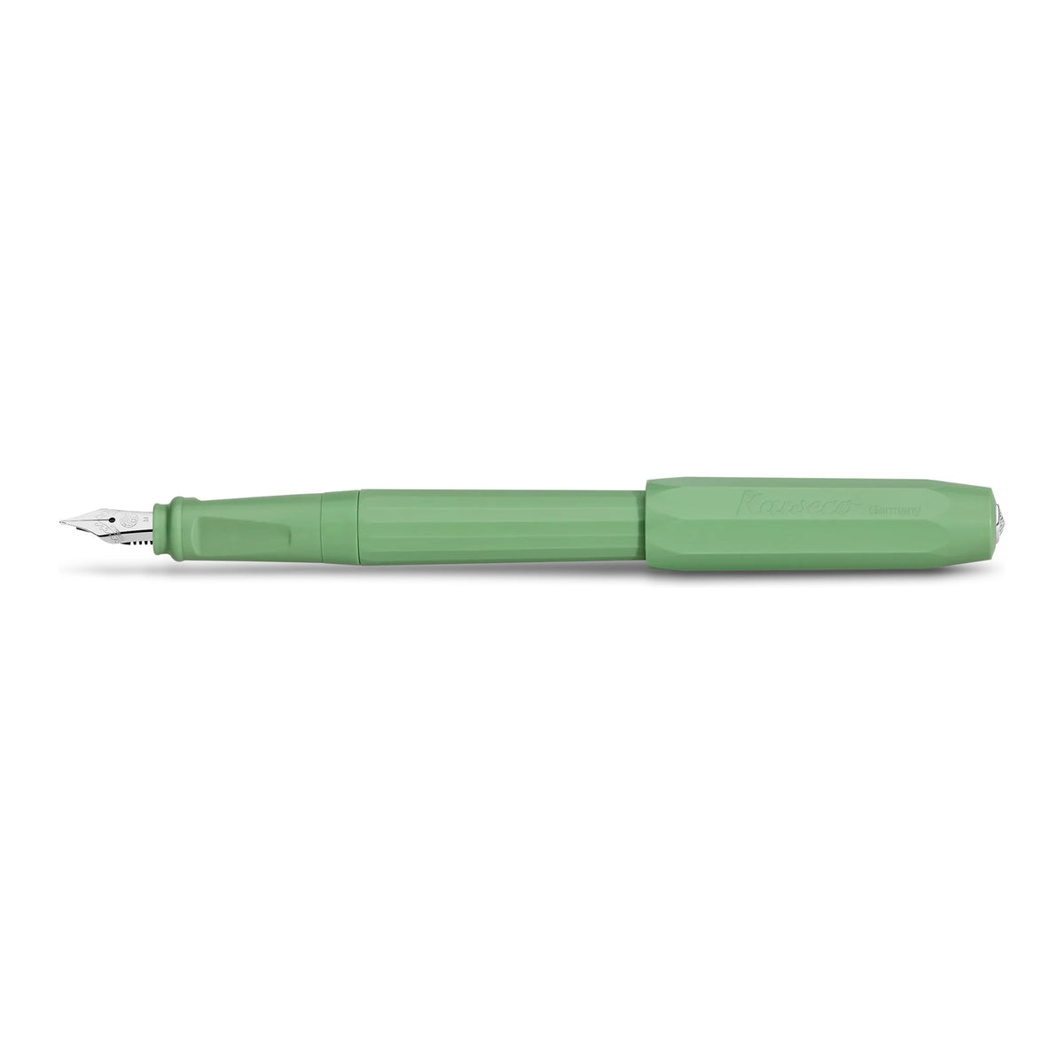 Kaweco Perkeo fountain pen in Jungle Green, uncapped, fine steel nib