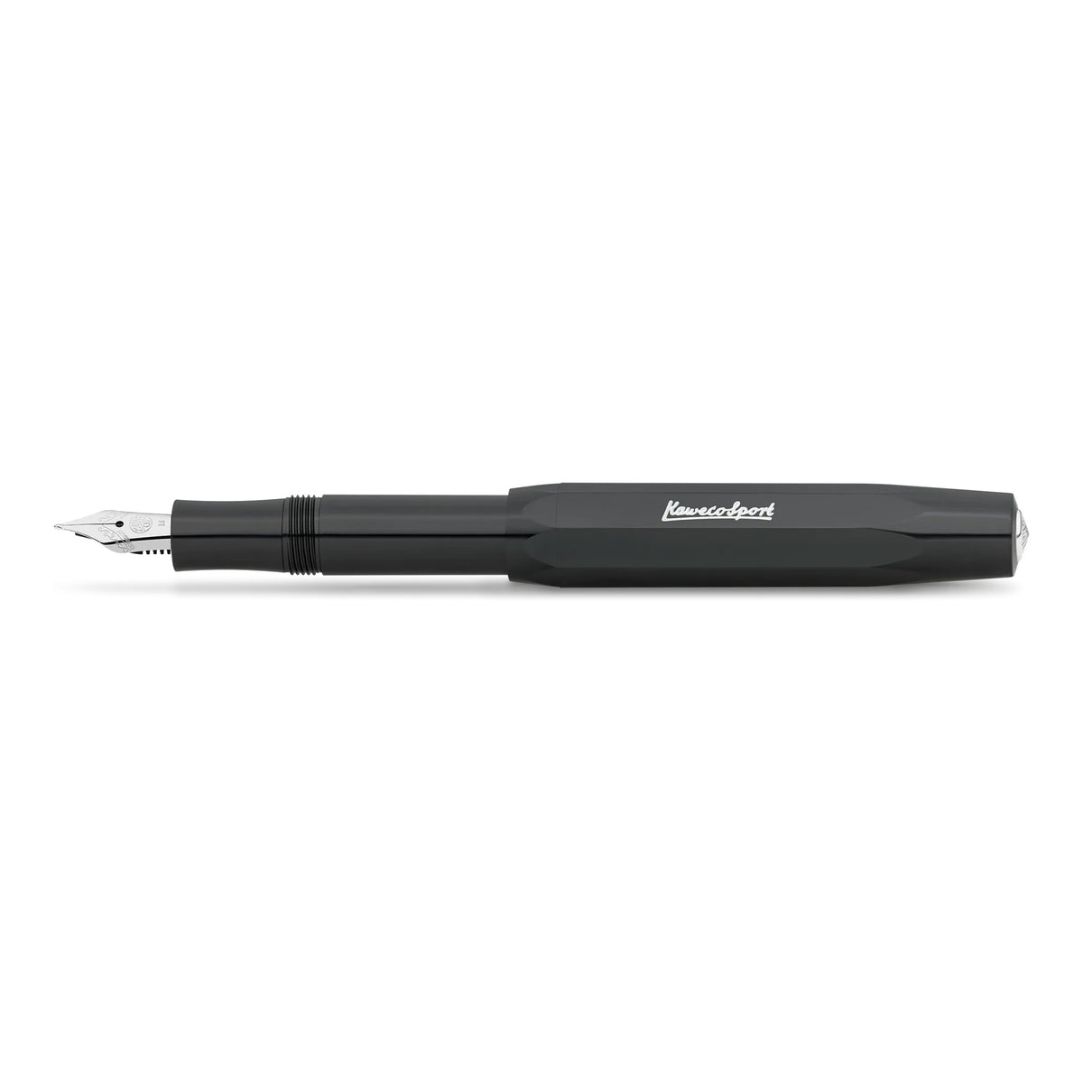 Kaweco Skyline Sport fountain pen in black, uncapped, fine steel nib