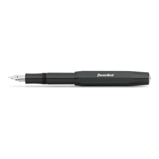 Kaweco Skyline Sport fountain pen in black, uncapped, fine steel nib